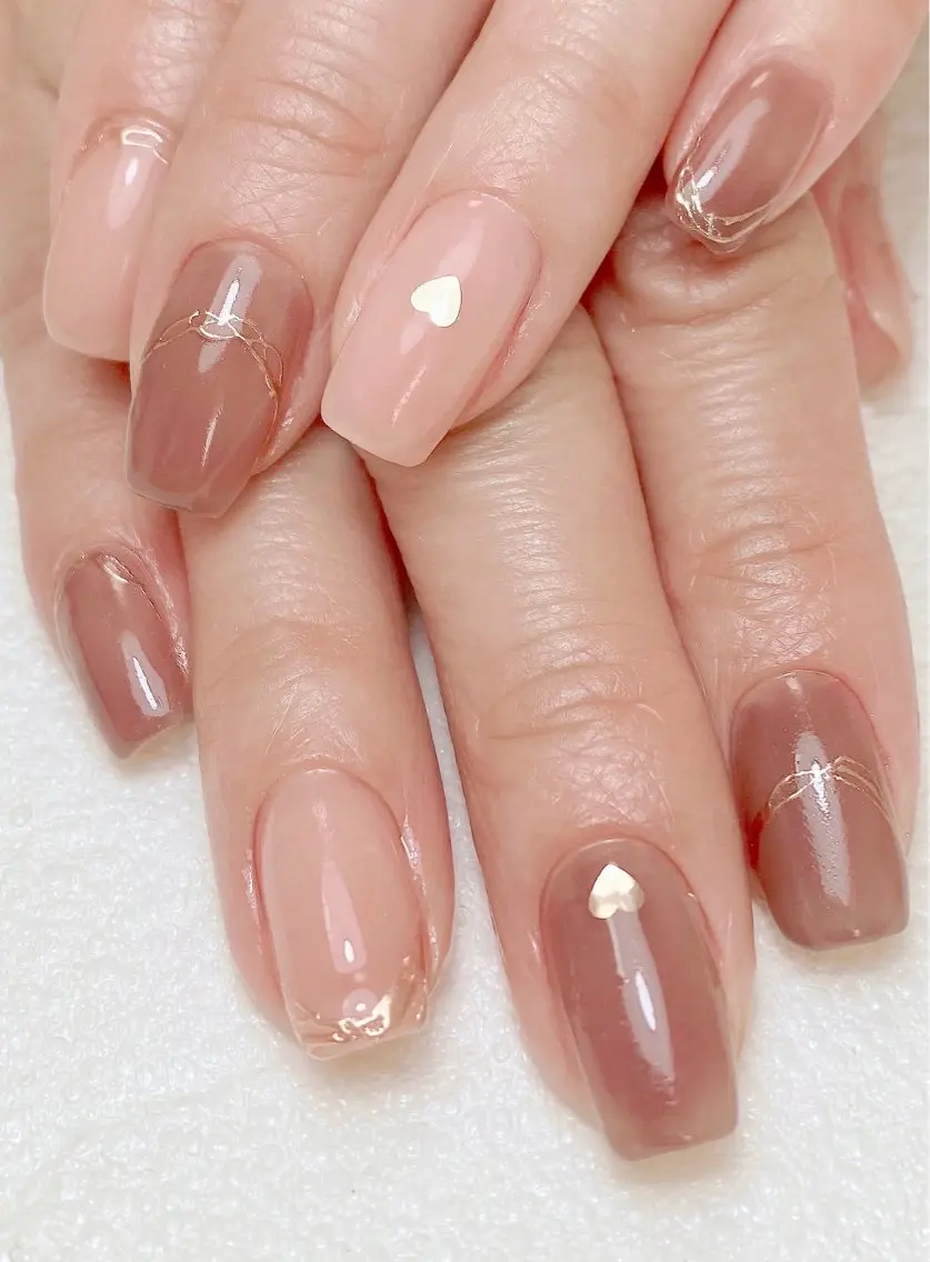ネイル ブラウン ハート オフィスネイル ピンク バレンタイン ハンドネイル Nail Salon K 🧸美爪育成のネイルデザイン