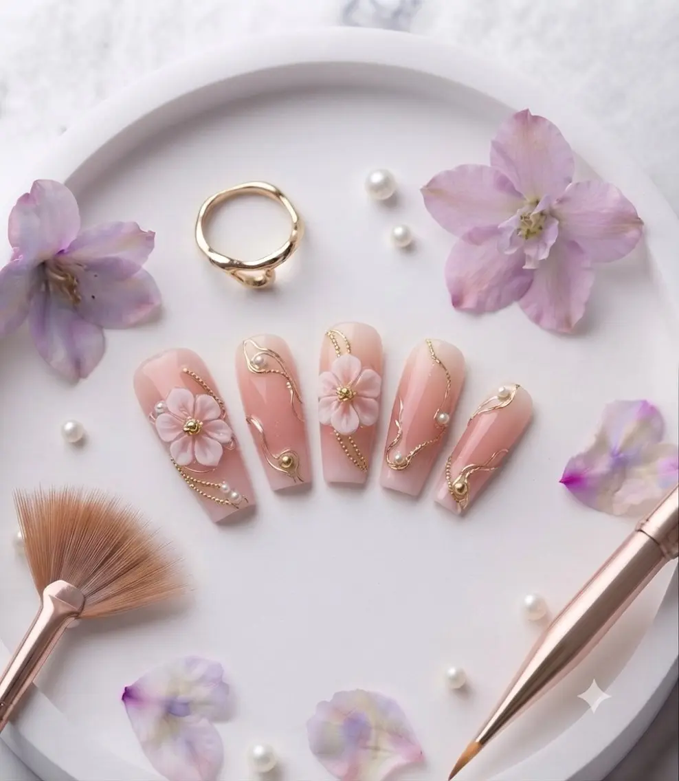 ネイル クリアネイル フラワーネイル ゴールド ピンク 春ネイル Michan Nailのネイルデザイン