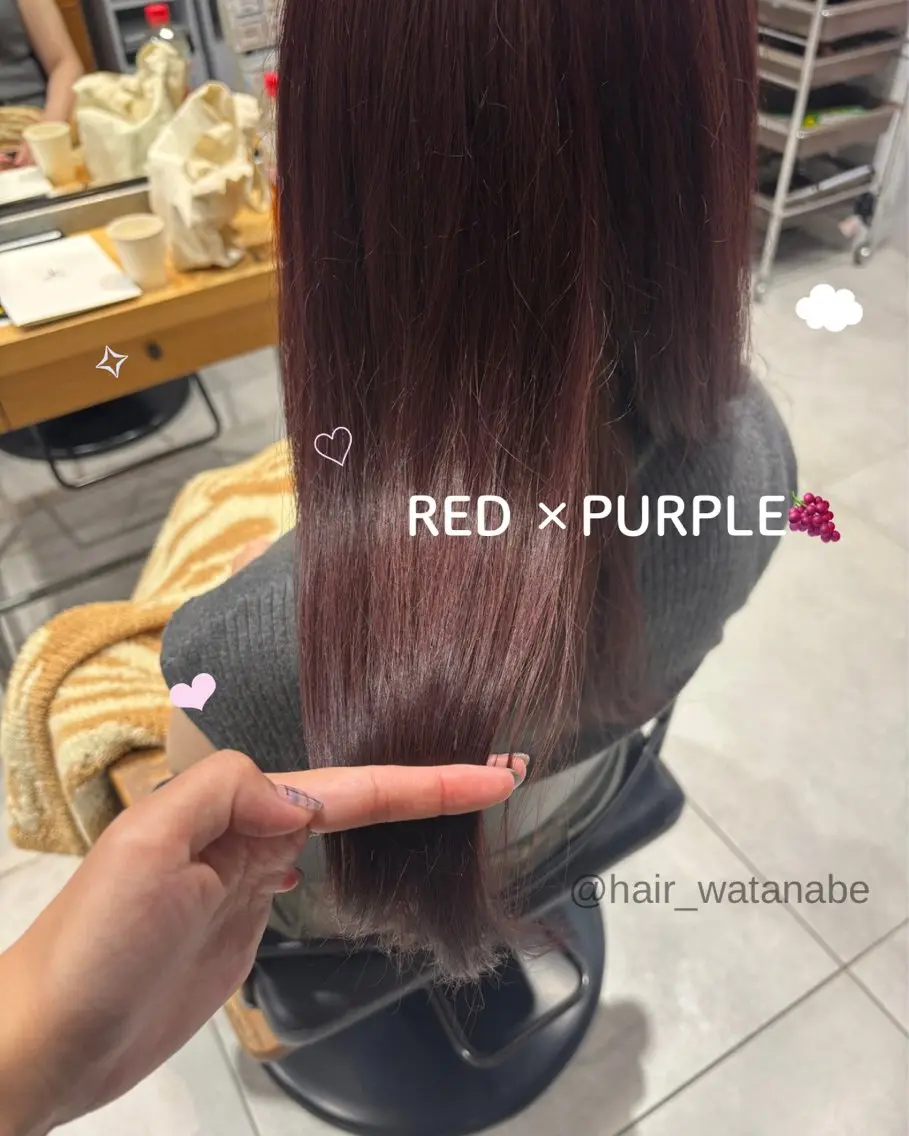 セミロング カラー ブリーチ ブリーチなしカラー パープルカラー レッドカラー 顔周りカット カット ヘアカラー トリートメント 韓国hair ·͜· watanabeのヘアスタイル