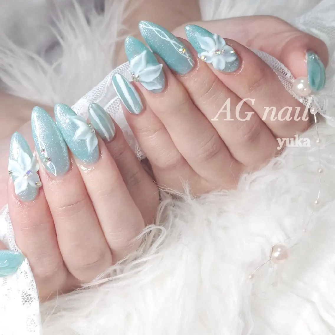 ネイル アートネイル 長さ出し グリーン ラメ(グリッター) マグネットネイル ハンドネイル ハンドケア AGnail 富永 /ちゅるん韓国ネイルのネイルデザイン