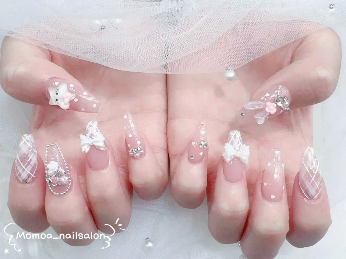 ネイル 成人式 ロングネイル マグネットネイル 大理石ネイル(マーブル) リボン ハンドネイル MoMoA Nail ネイル長さ出し専門店のネイルデザイン
