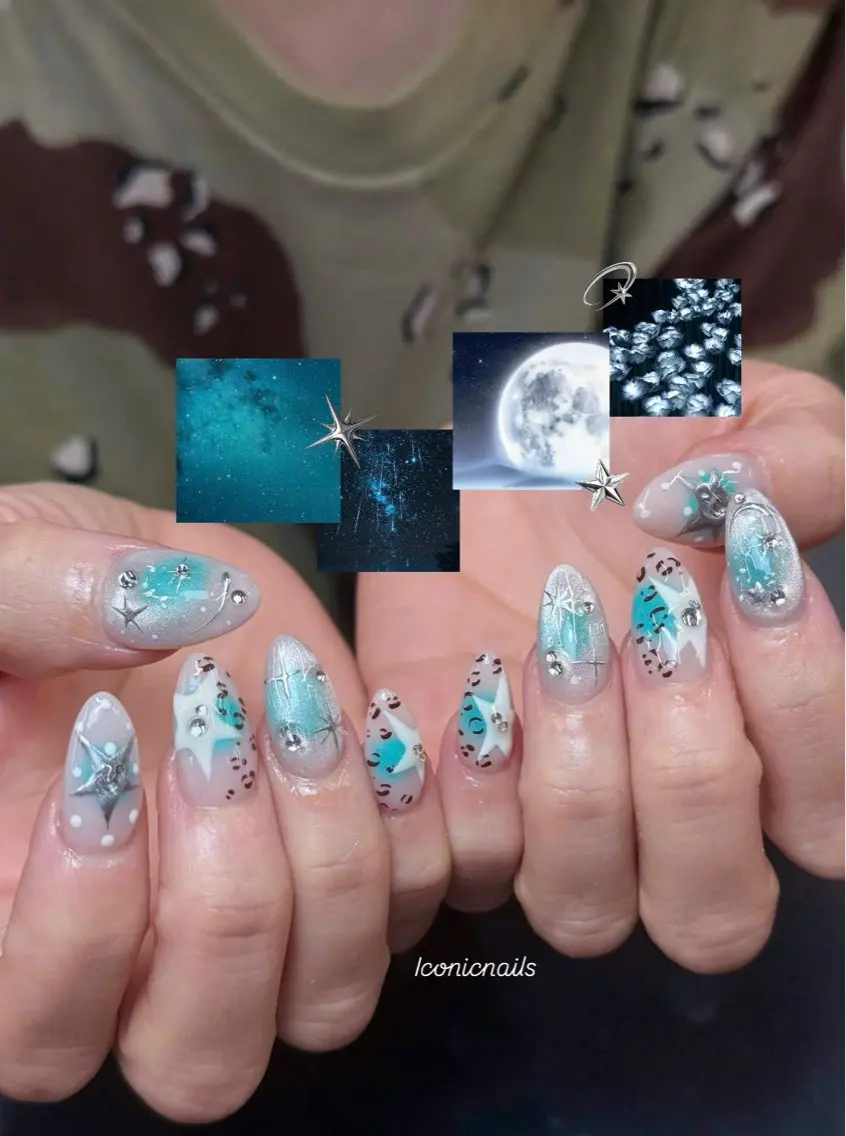 ネイル アニマル柄 ブルー 持ち込み シルバー Iconic Nailのネイルデザイン