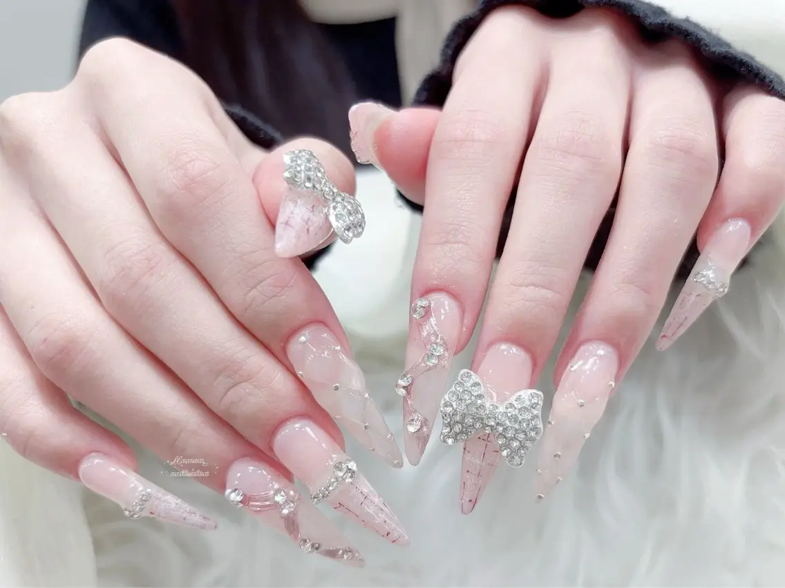 ネイル 成人式 マグネットネイル 大理石ネイル(マーブル) リボン 夏ネイル ハンドネイル MoMoA Nail ネイル長さ出し専門店のネイルデザイン