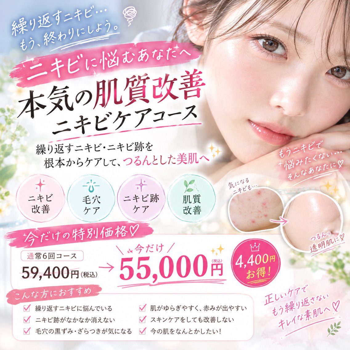 【本気で肌質改善💎3ヶ月集中6回コース】前半はハーブで鎮静🌿後半はニードルで再生✨繰り返すニキビ・ニキビ跡撃退プランの写真