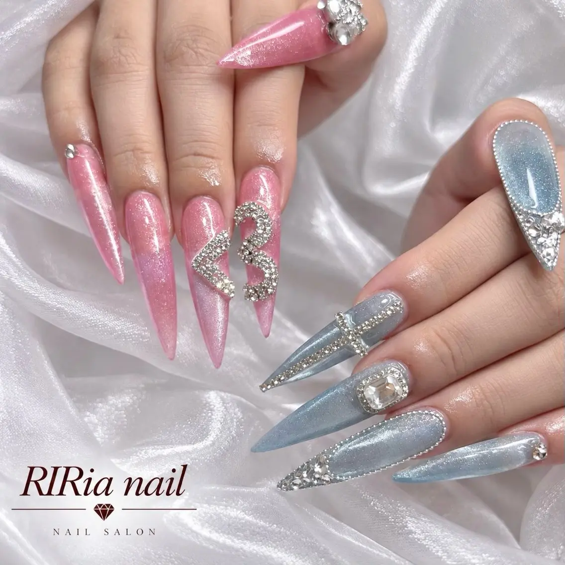 ネイル ブルー キラキラネイル ピンク ハンドネイル 🎀RIRia nail🎀のネイルデザイン