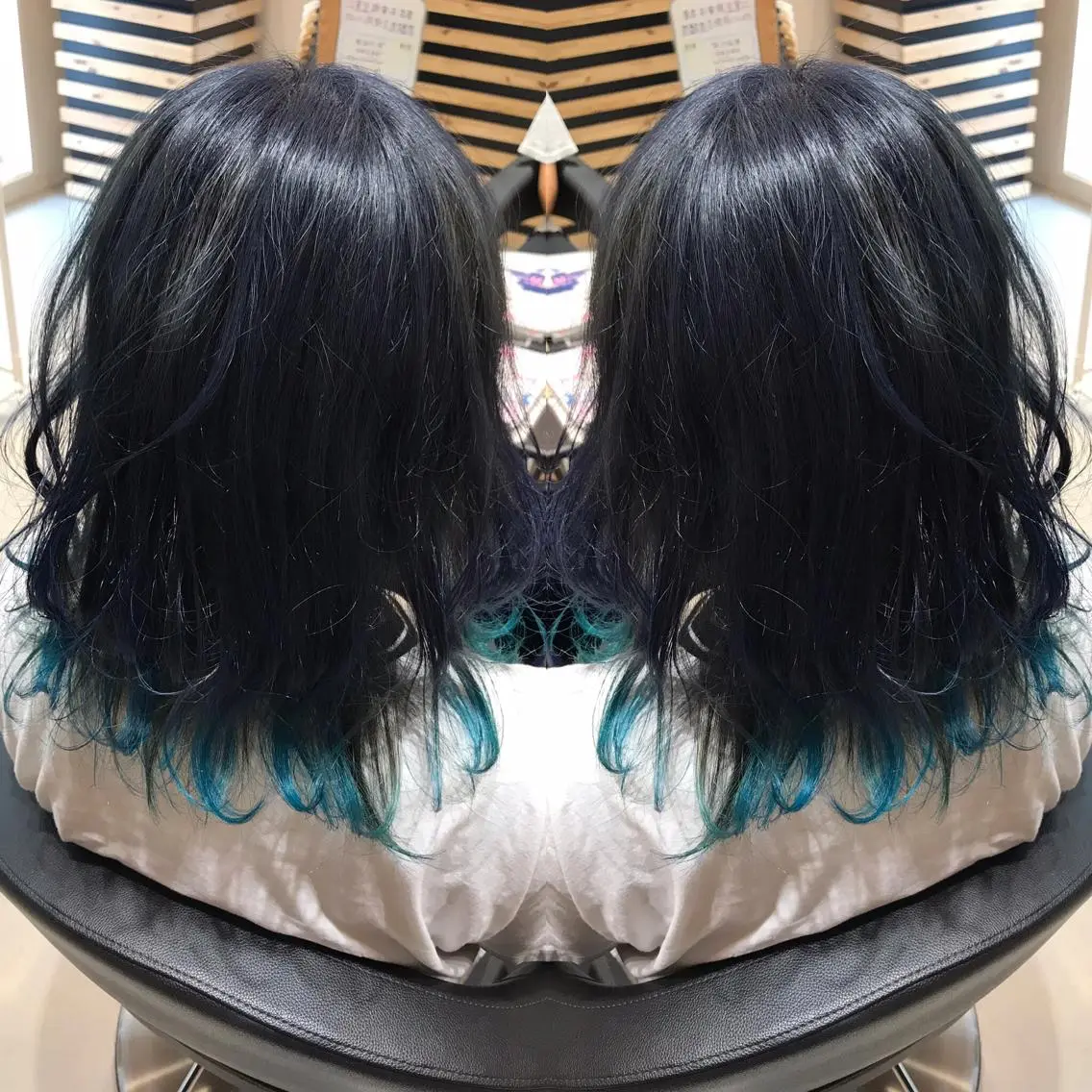 ミディアム カラー ブリーチ エメラルドグリーン ネイビーカラー ヘアカラー 大久保 隆蔵のヘアスタイル