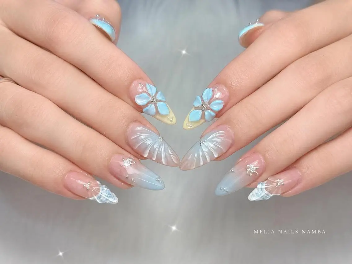 ネイル クリアネイル 韓国ネイル ロングネイル 持ち込み シルバー Melia Nail Nambaのネイルデザイン