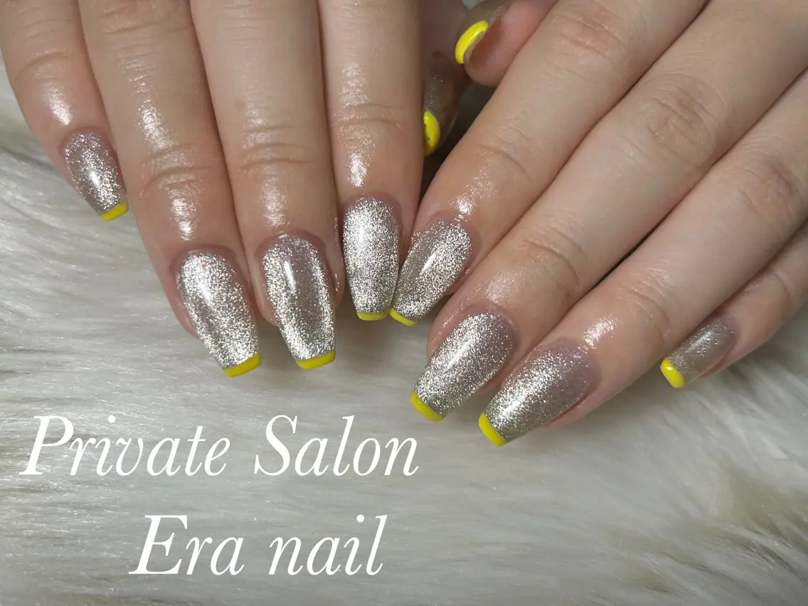 ネイル フレンチネイル マグネットネイル 黄色 ハンドネイル Era nailのネイルデザイン