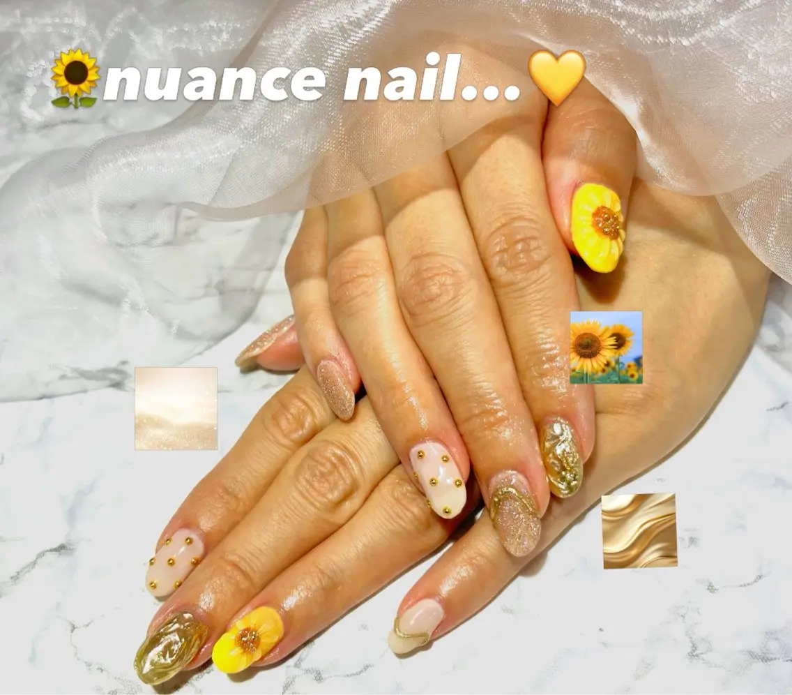 ネイル フラワーネイル ゴールド ぷっくりネイル ハンドネイル KAMUICRAF 厚別区ネイルのネイルデザイン