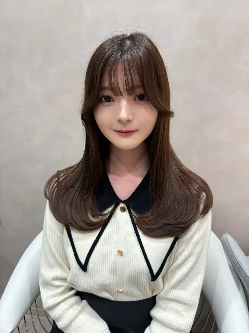 ロング 顔周りカット ヨシンモリ 韓国風ヘア レイヤーカット シースルーバング カット ヘアカラー 韓国ヘア/レイヤー/ 前髪/髪質改善/石川のヘアスタイル