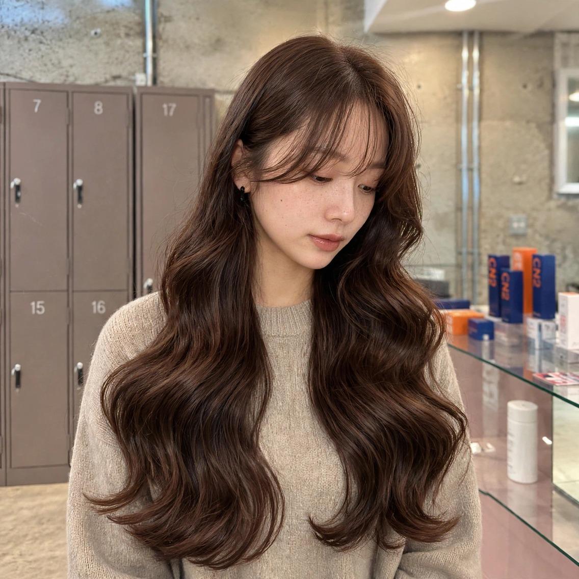 ロング カラー ロングレイヤー ブラウンカラー チョコレートブラウン 透明感カラー 顔まわりレイヤー カット ヘアカラー トリートメント 岡本康平/ダブル カラー/レイヤーのヘアスタイル