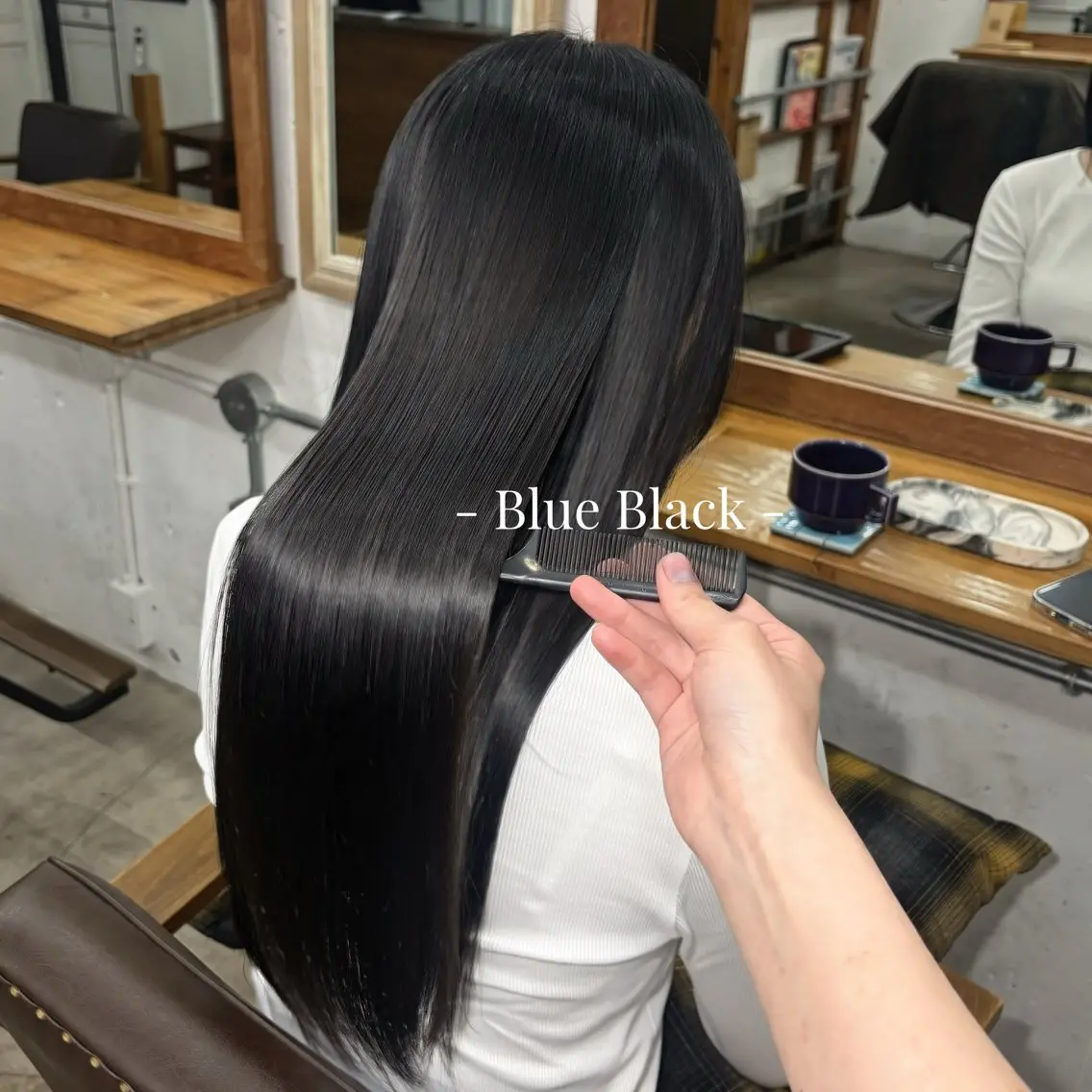 ロング カラー 黒髪 ブルーカラー ブルーブラック 透明感カラー オレンジ ヘアカラー トリートメント Hina🧵/恵比寿 中目黒/透明感カラーのヘアスタイル