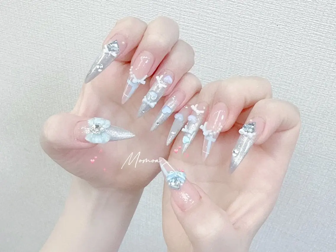 ネイル 成人式 大理石ネイル(マーブル) リボン 夏ネイル ネイルチップ ハンドネイル MoMoA Nail ネイル長さ出し専門店のネイルデザイン