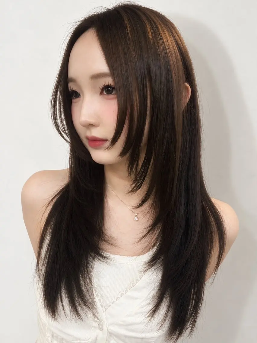 ロング カラー ロングレイヤー 透明感カラー くびれヘア 顔まわりレイヤー 韓国風ヘア カット ヘアカラー トリートメント ヘッドスパ 中顔面短縮レイヤー 💚モエリ💚のヘアスタイル