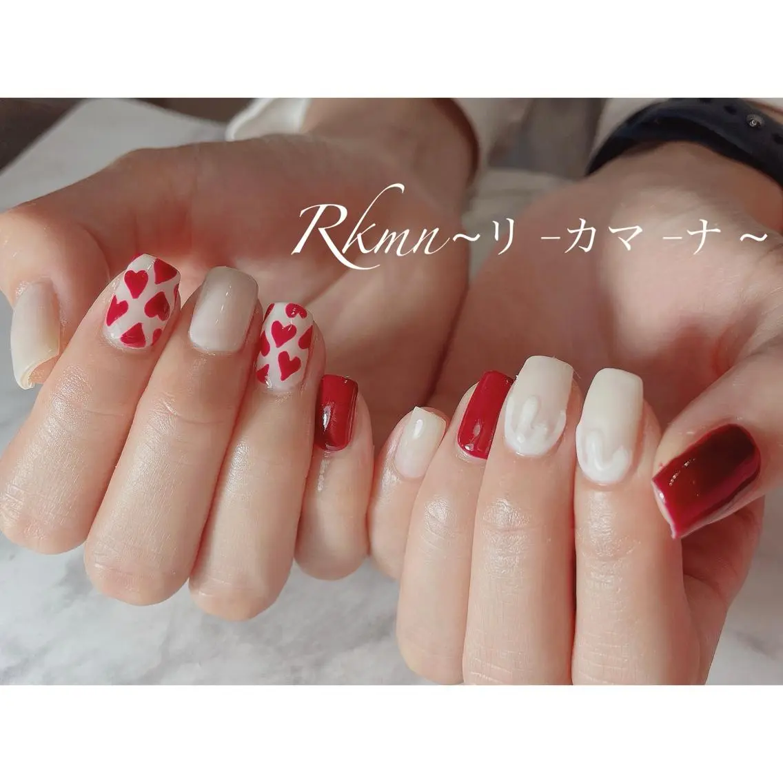 ネイル アートネイル ボルドー ハート ぷっくりネイル 春ネイル ハンドネイル フットネイル ハンドケア Rkmn ~リ-カマ-ナ~のネイルデザイン