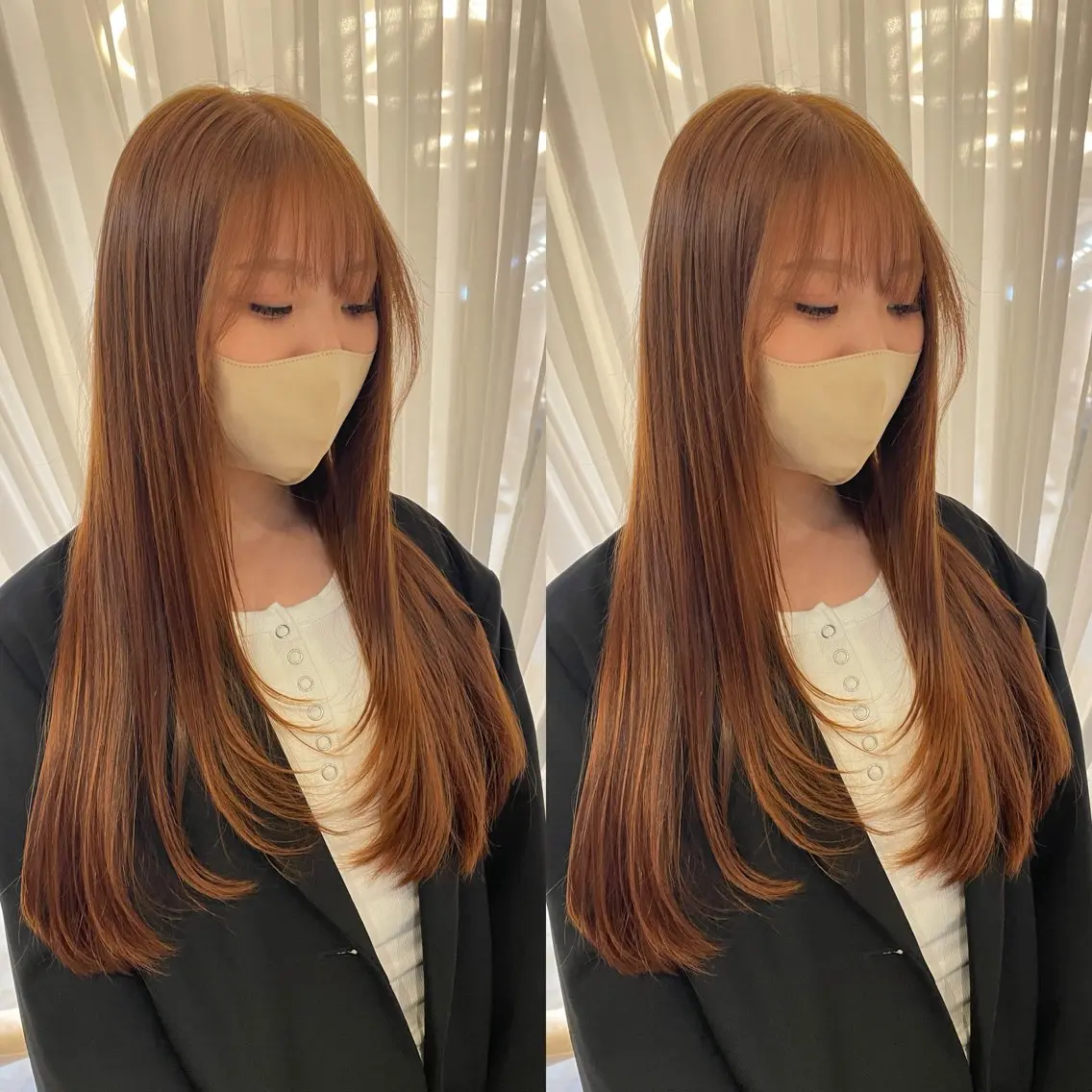 ロング カラー ブリーチ ブリーチなしカラー オレンジ ヘアカラー トリートメント ヘアセット ブリーチ無しダブル カラー🦕まどかのヘアスタイル