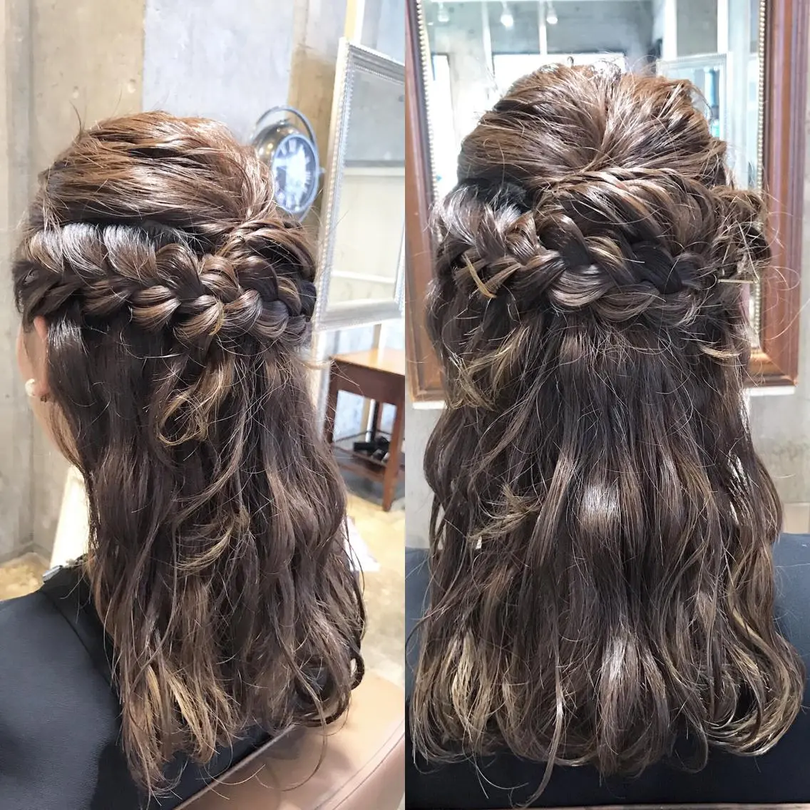 ロング カラー ヘアアレンジ ハーフアップ グレージュ サロンドミルク 原宿のヘアスタイル