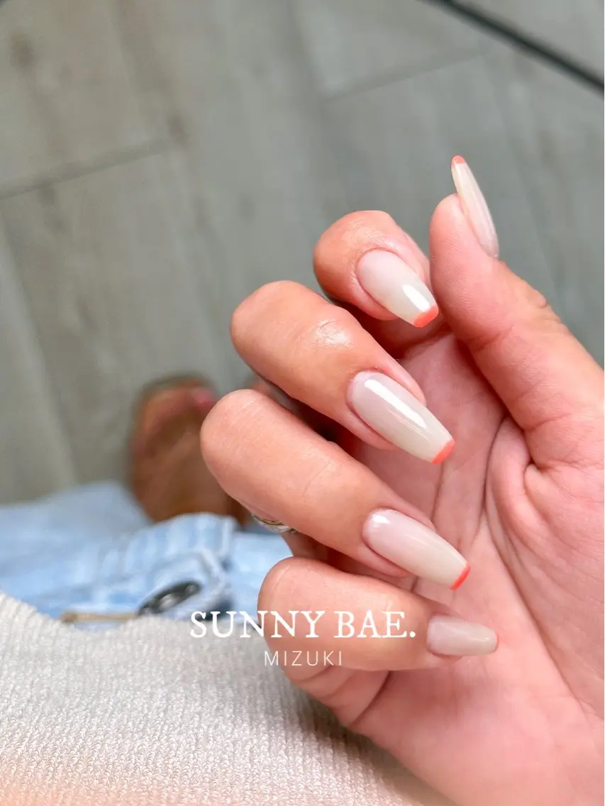 ネイル フレンチネイル オレンジ ピンク シンプルネイル 🕊 MIZUKIのネイルデザイン