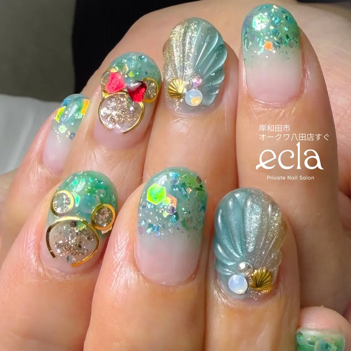 ネイル アートネイル ブルー クリアネイル グリーン キラキラネイル Nail Salon ecla 〜エクラ〜のネイルデザイン