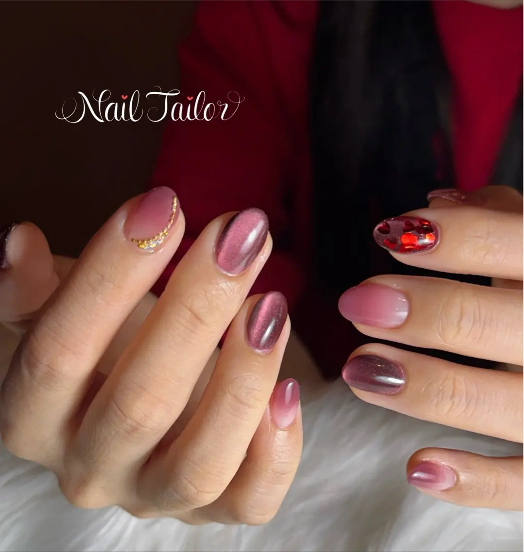ネイル ボルドー 長さ出し 卒業式 ハート マグネットネイル ハンドネイル NailTailor ネイルテイラーのネイルデザイン