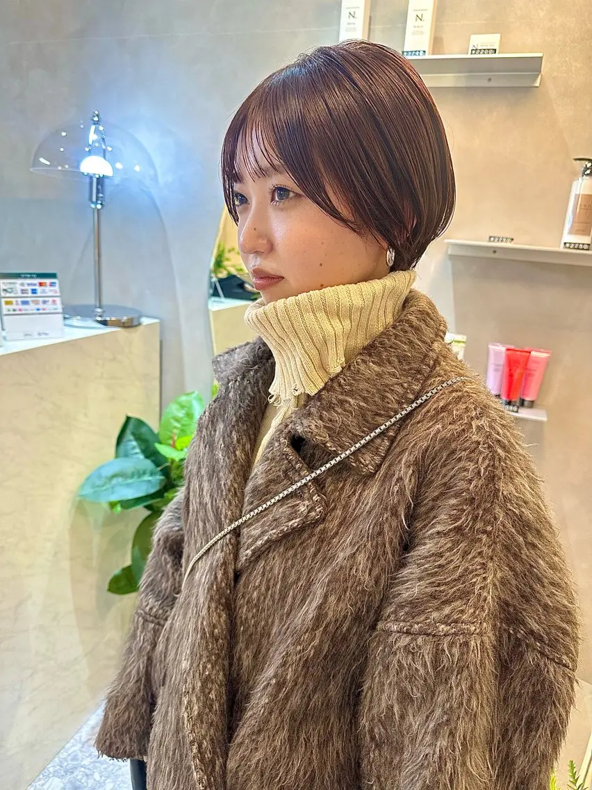 ショート カラー 丸みショート ブラウンカラー オレンジ オレンジブラウン ショートヘア カット ヘアカラー トリートメント レイヤー/ボブ/ 顔周り/yukinaのヘアスタイル