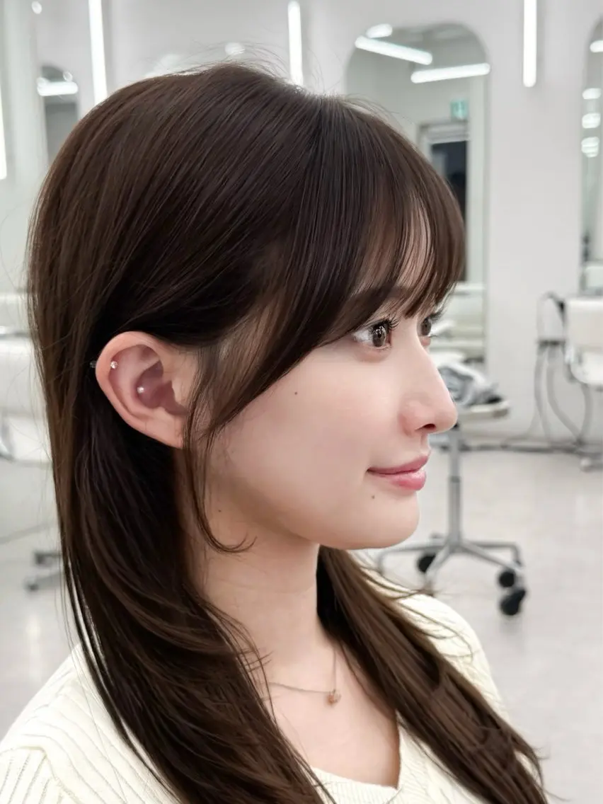 セミロング カット ヘアカラー トリートメント 割れない顔まわり× 小顔補正レイヤー難波のヘアスタイル