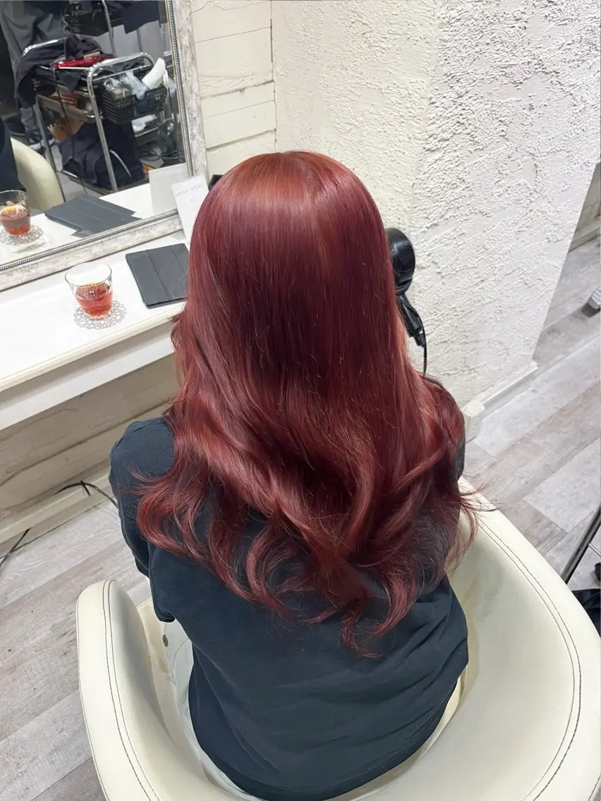 ロング カラー ブリーチ レッドカラー カット ヘアカラー カラー職人 なかもと たつひろのヘアスタイル