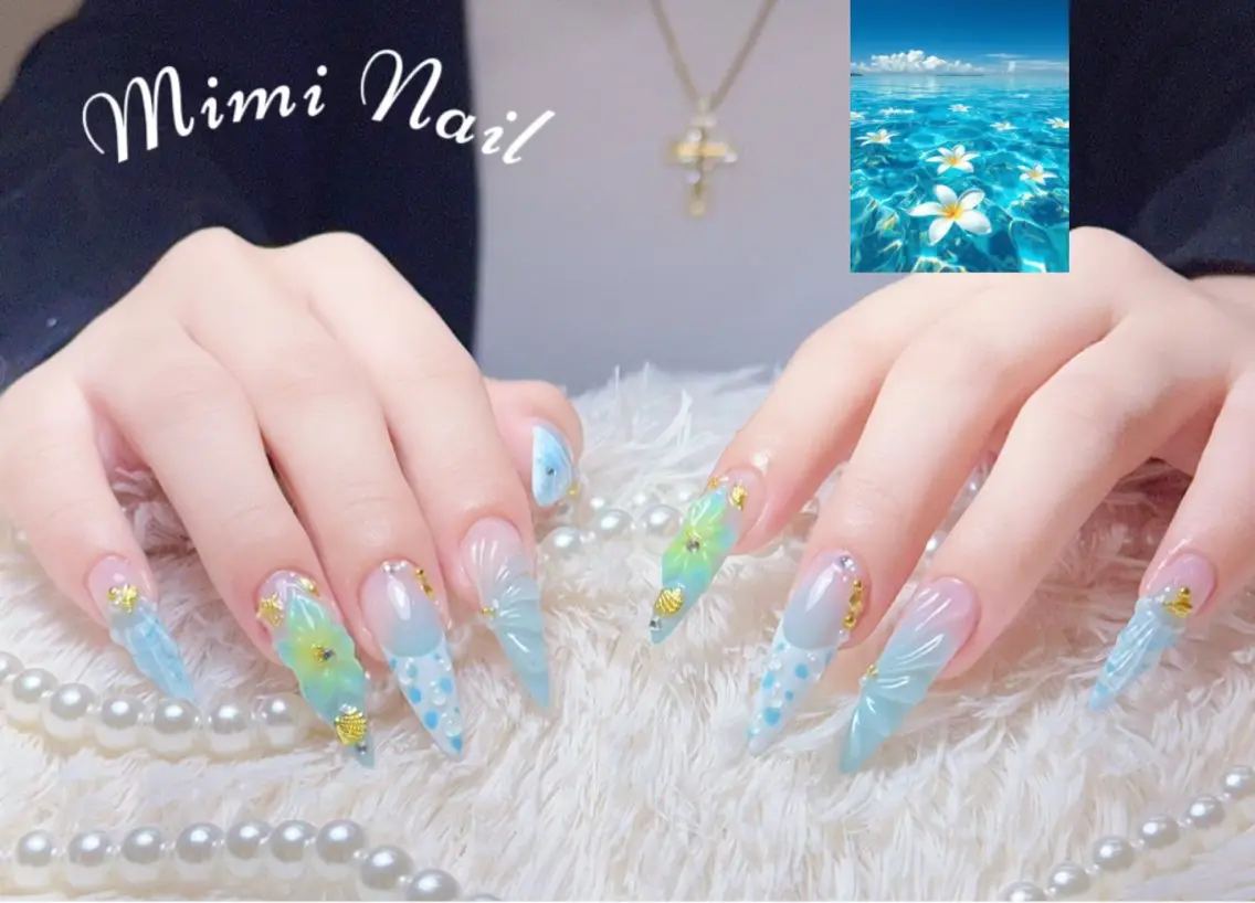 ネイル ブルー フラワーネイル 氷ネイル・うるうるネイル キラキラネイル 持ち込み ハンドネイル MiMiNail NailSalonのネイルデザイン