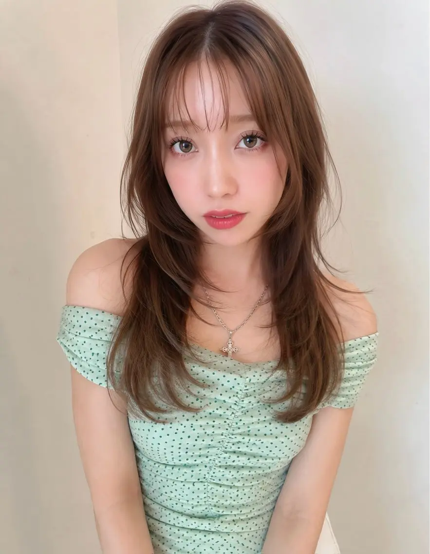ロング ロングレイヤー ハッシュカット レイヤーカット ロング おくれ毛 カット ヘアカラー トリートメント レイヤーカット、 大人可愛い　中村美羅のヘアスタイル