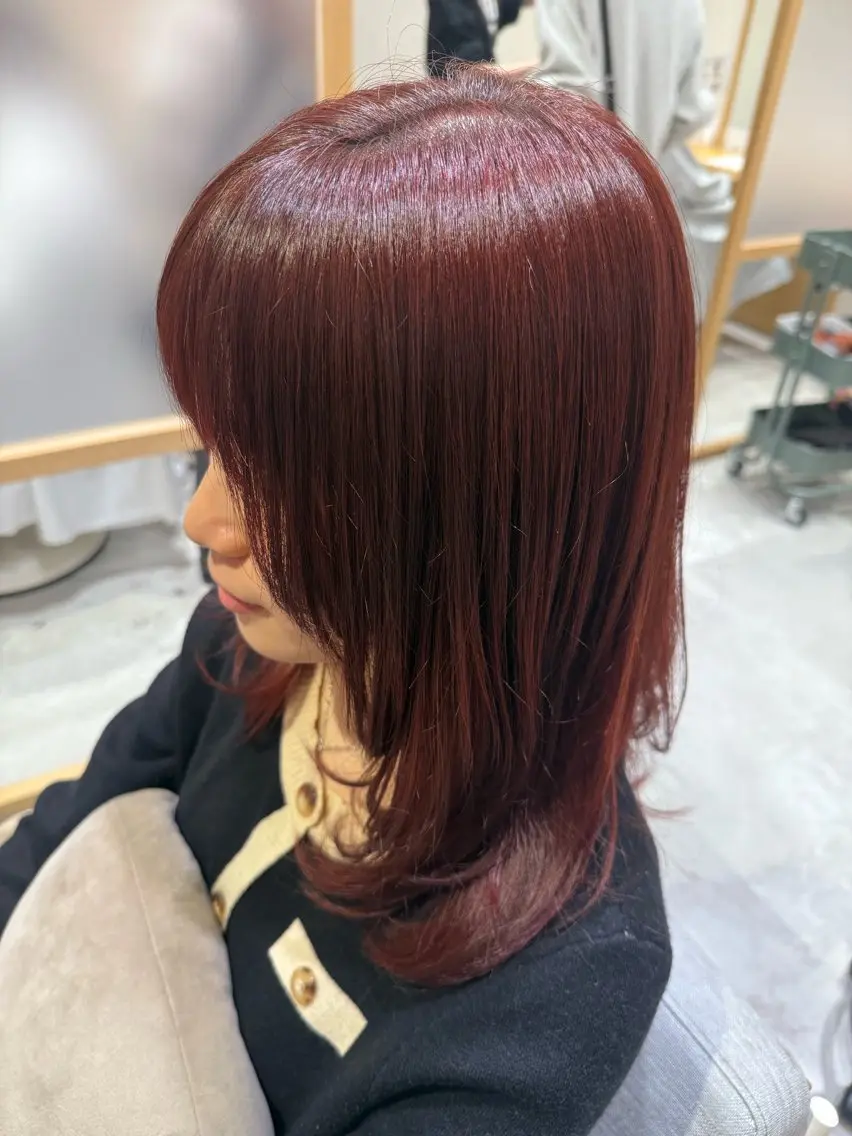 セミロング カラー レッドカラー レイヤーカット カット ヘアカラー トリートメント 🌟Spinhair 福永えいみ🌙*.｡のヘアスタイル