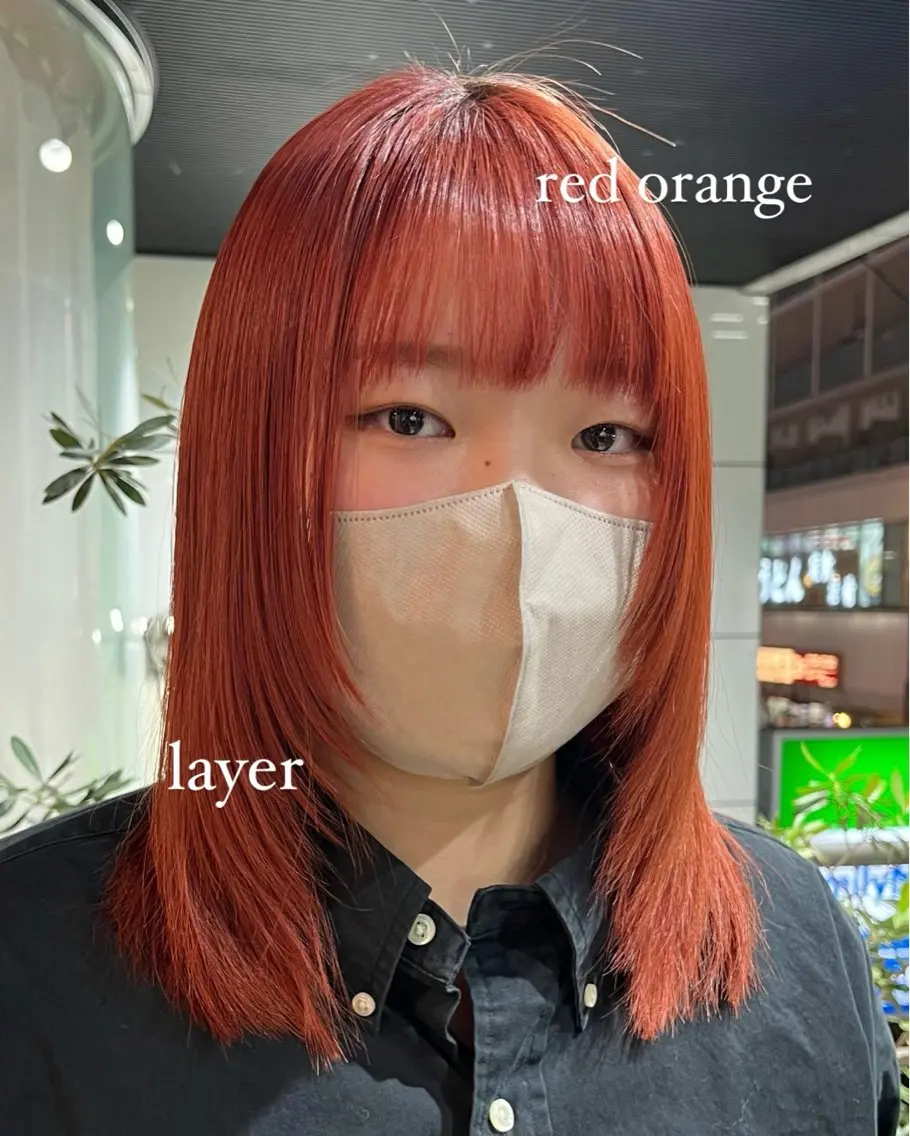 セミロング カラー ブリーチ ケアブリーチ ダブルカラー オレンジ レッドカラー ボブ/暖色カラー コウボヒカルのヘアスタイル