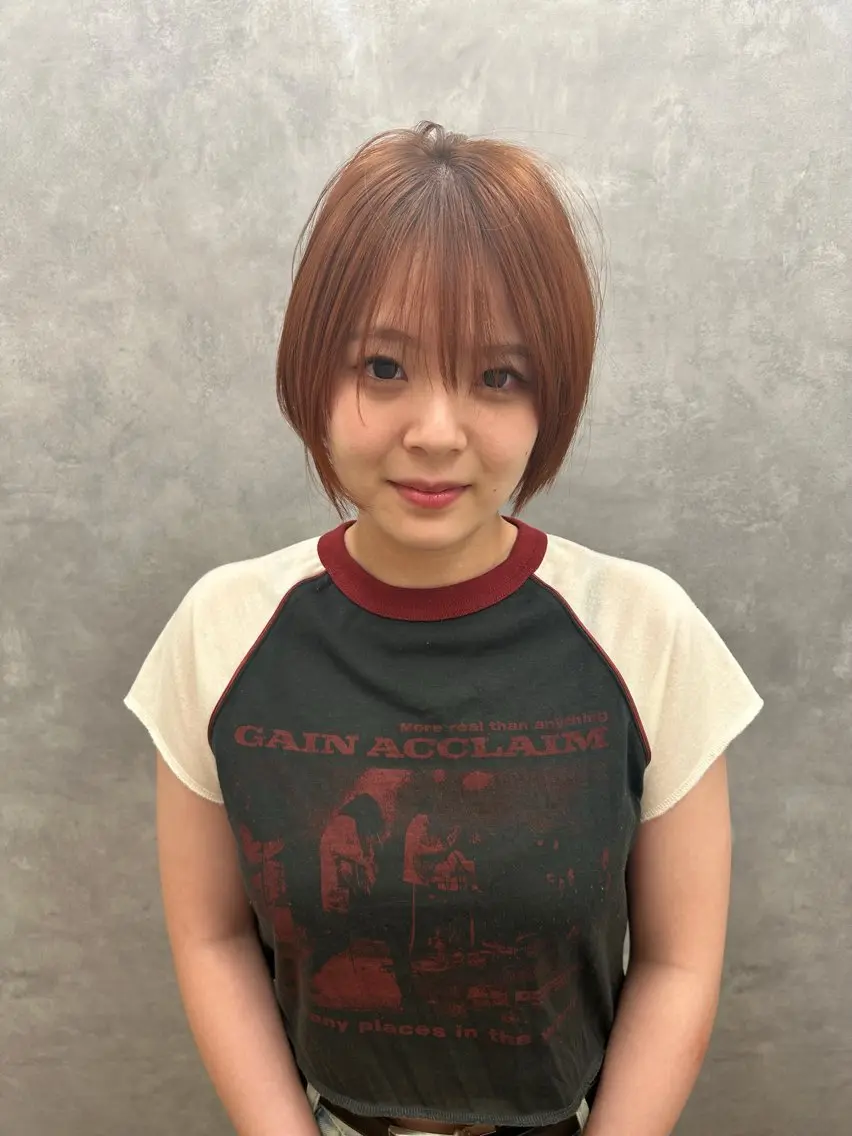 ショート カラー ブリーチ ブラウンカラー オレンジ オレンジブラウン ヘアカラー funnu ⋆꙳なつみのヘアスタイル