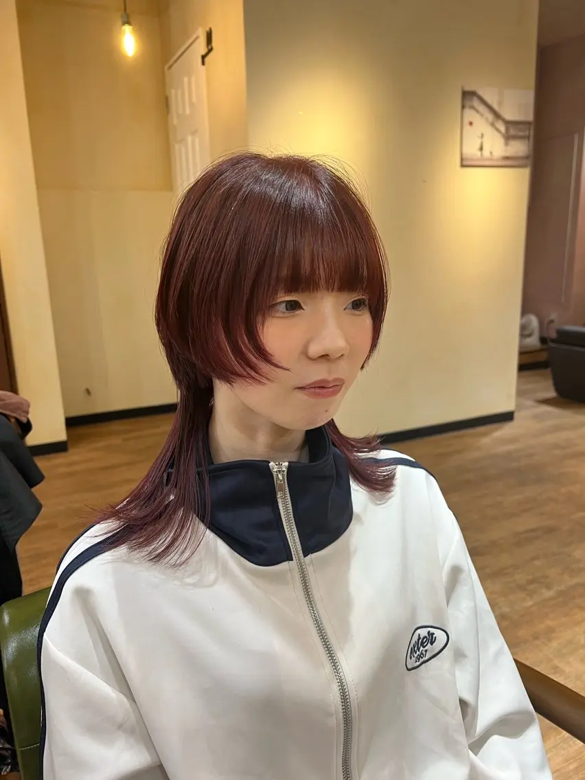 ミディアム カラー ウルフカット カット ヘアカラー トリートメント TAI透明カラー 柔らかい縮毛矯正のヘアスタイル