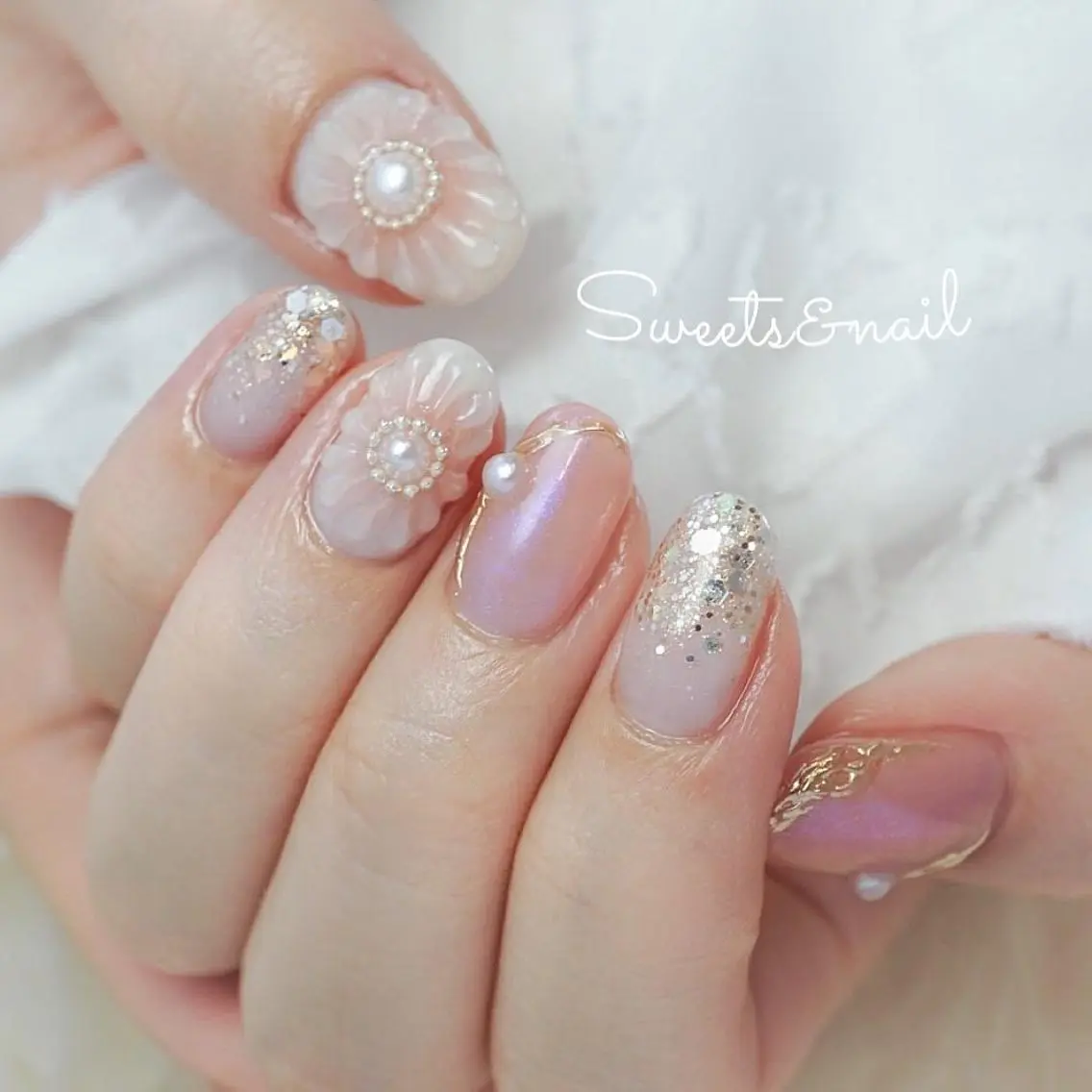 ネイル フラワーネイル キラキラネイル ミラーネイル ニュアンスネイル ピンク Sweets& nail みなこのネイルデザイン