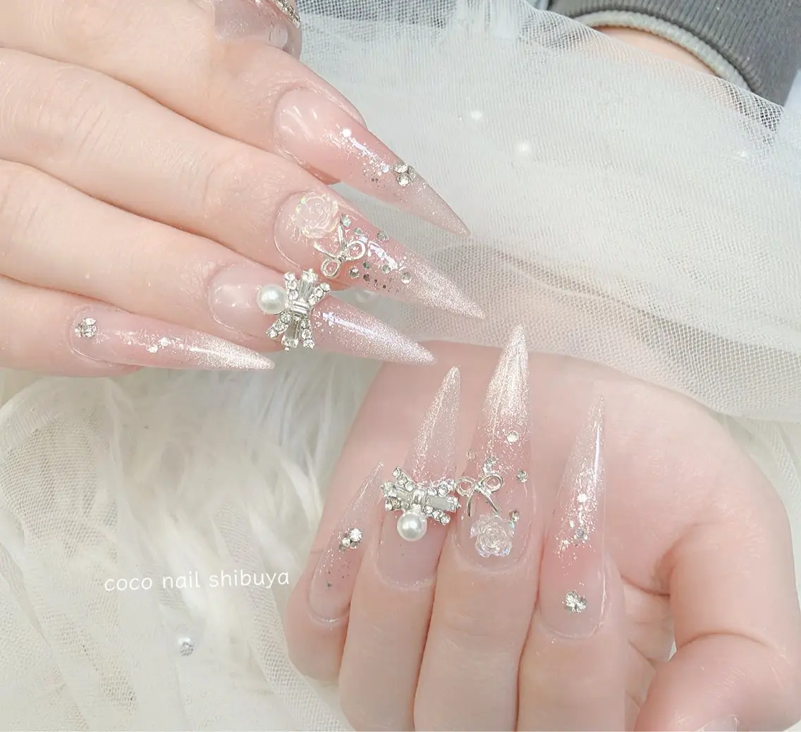 ネイル 成人式 大理石ネイル(マーブル) リボン 夏ネイル ネイルチップ ハンドネイル Mei Salon 長さ出し専門店のネイルデザイン