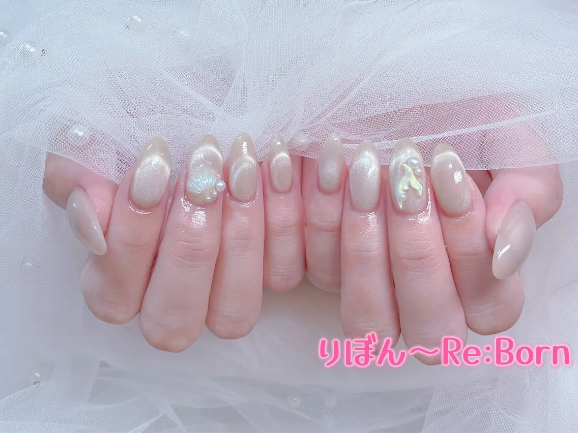 ミディアム 韓国風ヘア ハンドネイル りぼん Re:Bonrのネイルデザイン