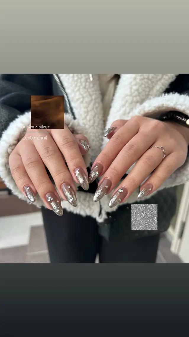 ネイル ブラウン ラメ(グリッター) ラメグラデーション シルバー ハンドネイル 深夜ネイルサロン eub.m_nailのネイルデザイン
