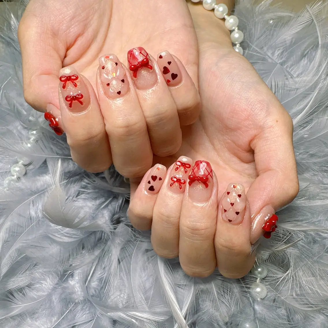 ネイル ハート 持ち込み リボン ハンドネイル Pretty Nail Salonのネイルデザイン