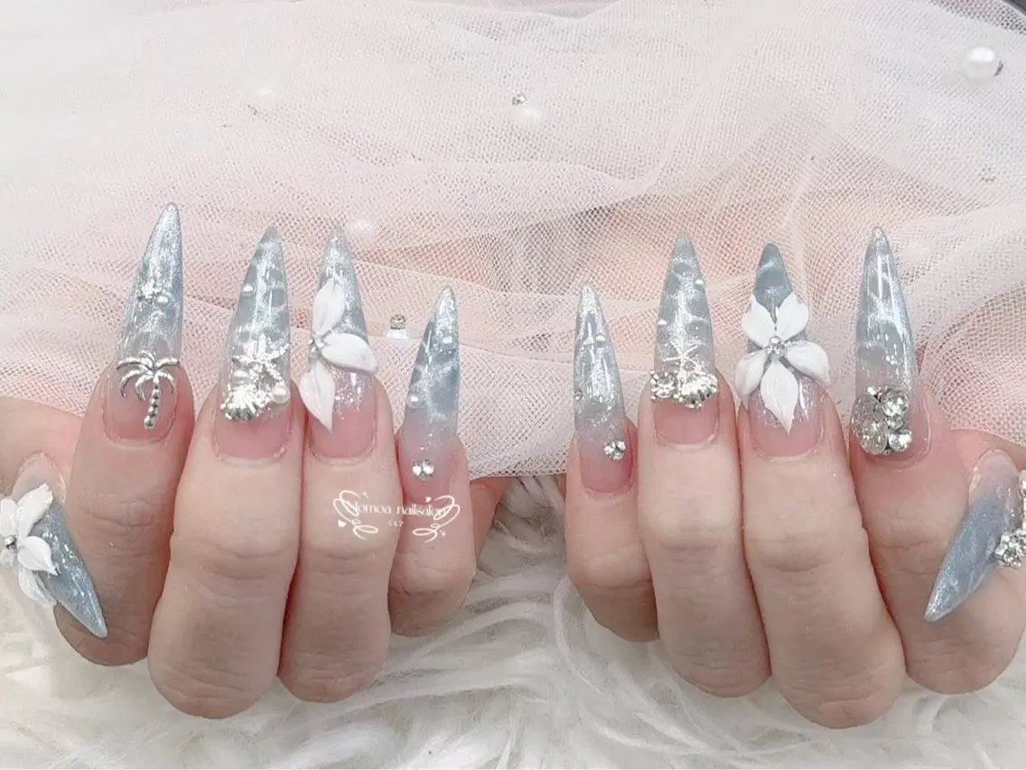 ネイル 成人式 大理石ネイル(マーブル) リボン 夏ネイル ネイルチップ ハンドネイル MoMoA Nail ネイル長さ出し専門店のネイルデザイン