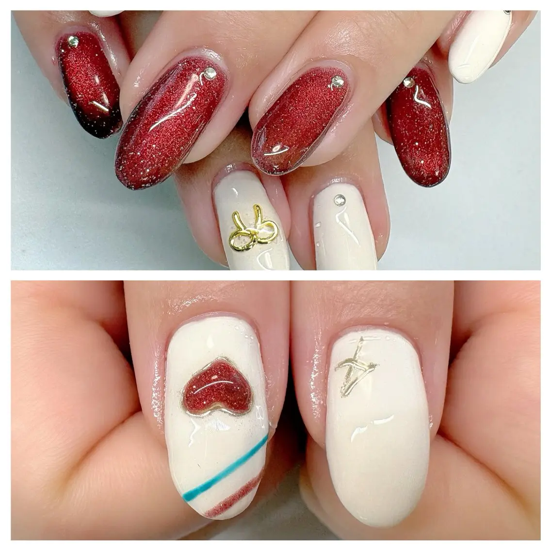 ネイル ハート マグネットネイル 赤色 リボン ハンドネイル Eye nailのネイルデザイン