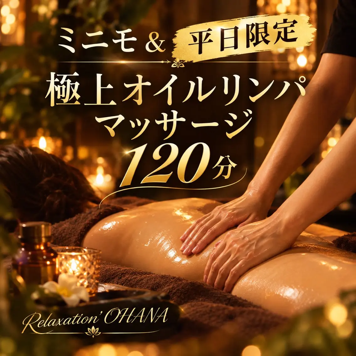 【ミニモ&平日限定】極上オイルリンパマッサージ 120分 (別途:男女指名料¥500)の写真