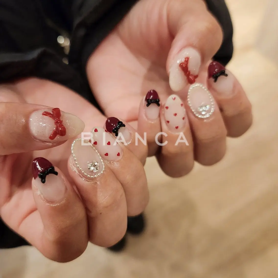 ネイル 持ち込み リボン シンプルネイル バレンタイン 冬ネイル ハンドネイル Bianca名駅店 あゆのネイルデザイン