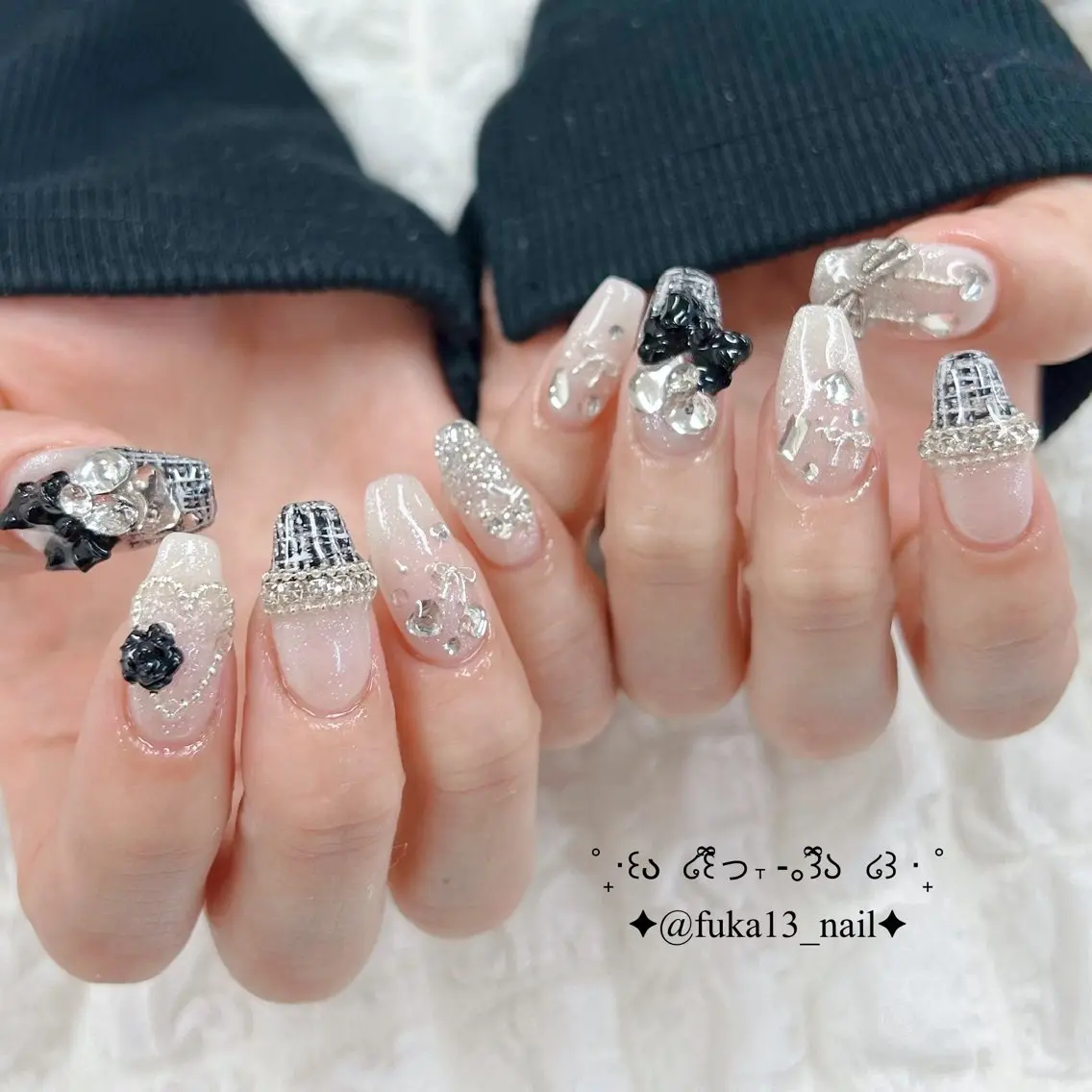 ネイル ガーリー キラキラネイル リボン ツイードネイル 冬ネイル ハンドネイル Nail♡Fuka. /6月予約受付中のネイルデザイン
