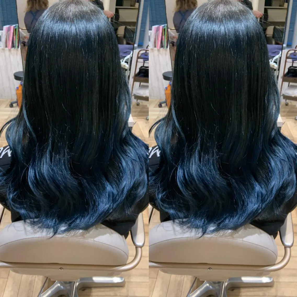 ロング カラー ヘアアレンジ 黒髪 ブリーチ ブルーカラー ブルーブラック カット ヘアカラー トリートメント 韓国hair🦋 Nanaのヘアスタイル
