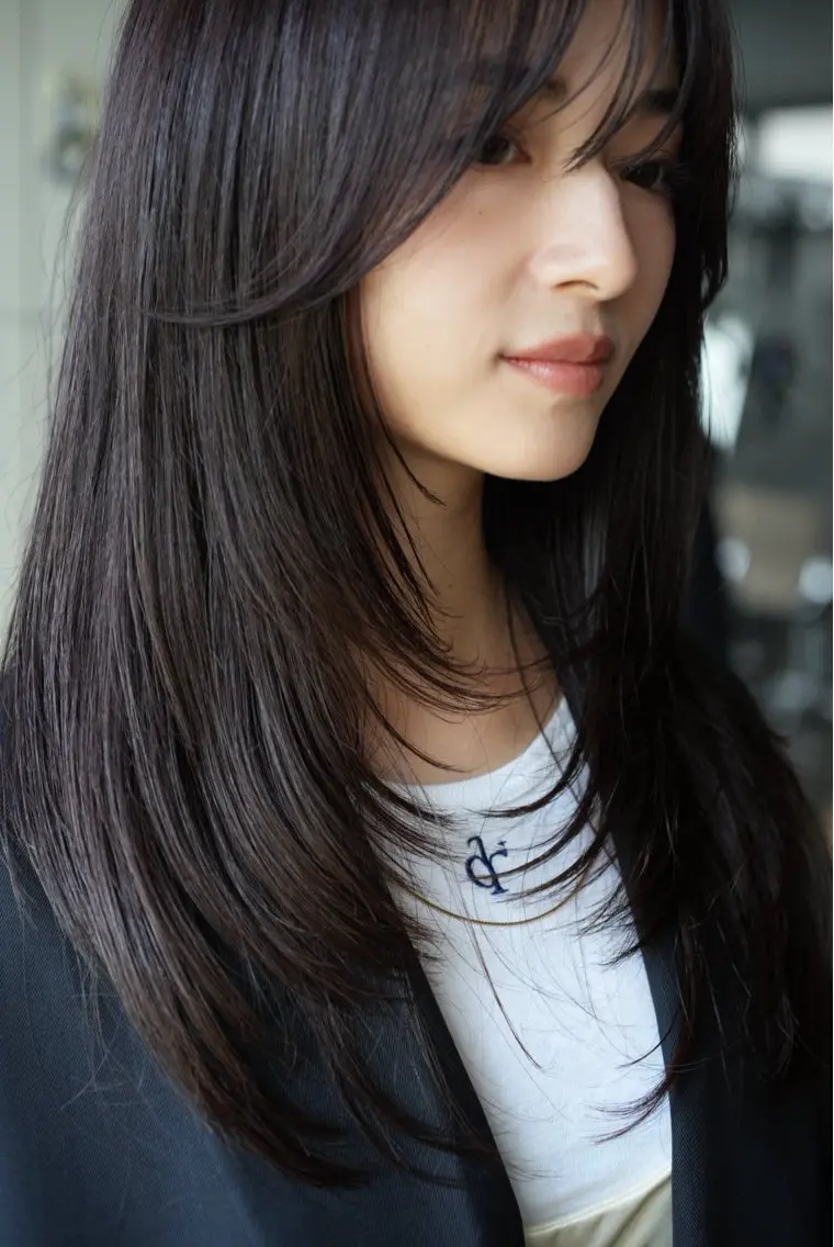 セミロング 顔周りカット レイヤーカット トリートメント カット ヘアカラー トリートメント まとまるレイヤー カット/透明感カラーのヘアスタイル
