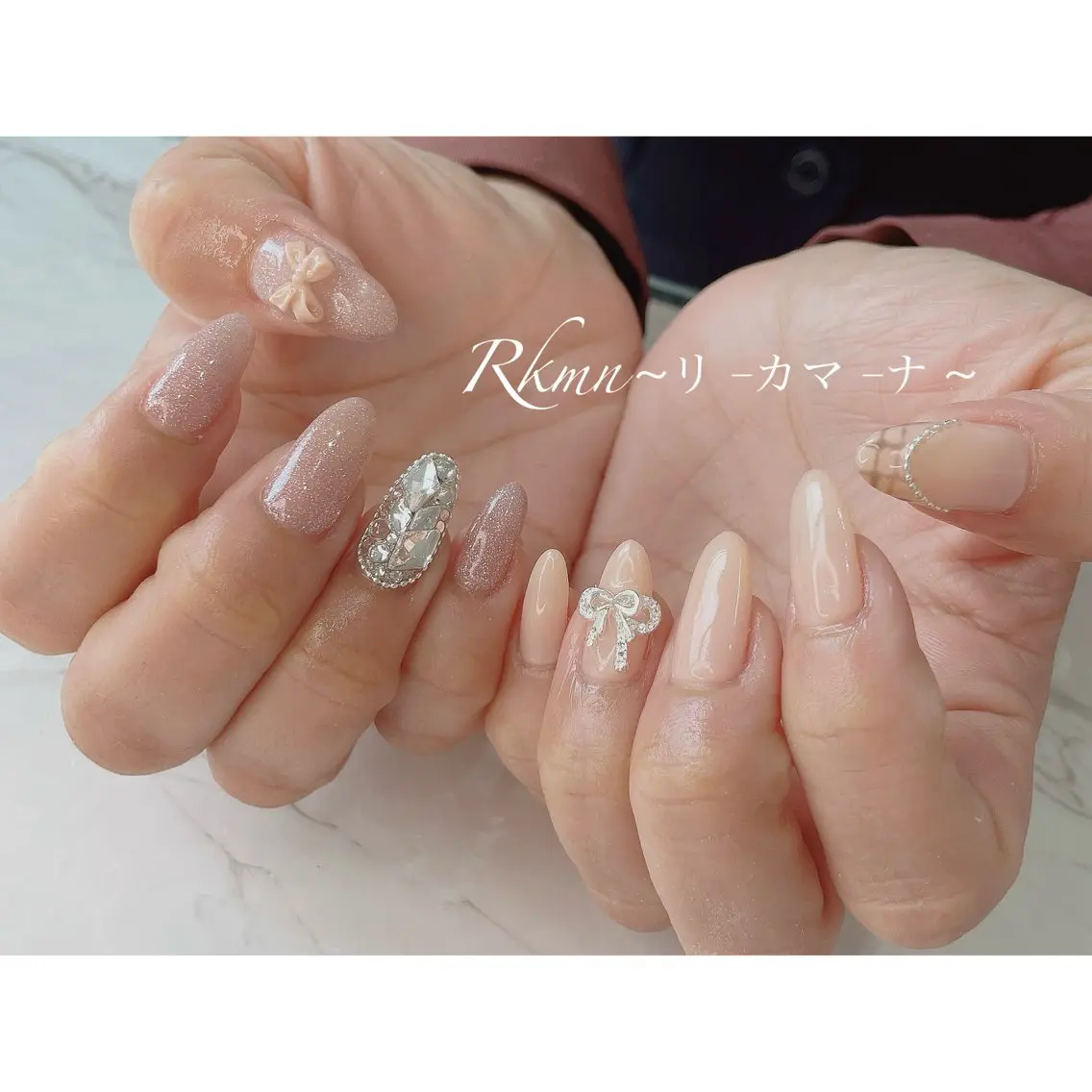 ネイル アートネイル フレンチネイル ピンク ピンクベージュ リボン ハンドネイル フットネイル ハンドケア Rkmn ~リ-カマ-ナ~のネイルデザイン