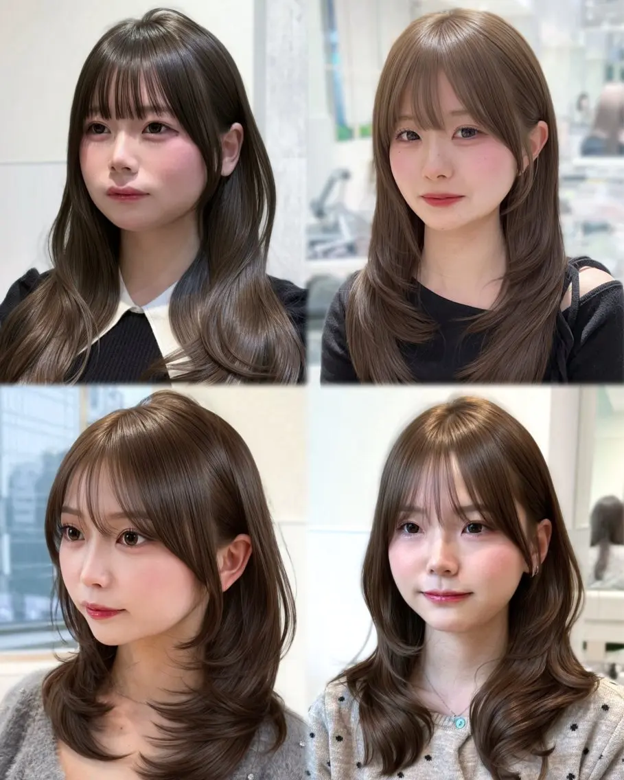 ロング カット ヘアカラー トリートメント 表参道小顔カット前髪 割れ改善クロスパーマのヘアスタイル