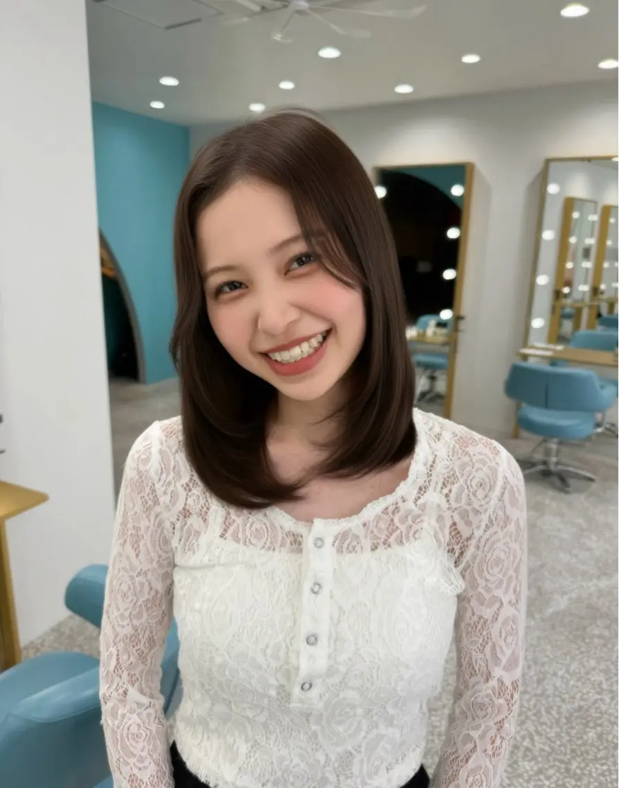 ミディアム くびれヘア 顔まわりレイヤー 顔周りカット 学生 韓国風ヘア 坂田 奈菜子のヘアスタイル