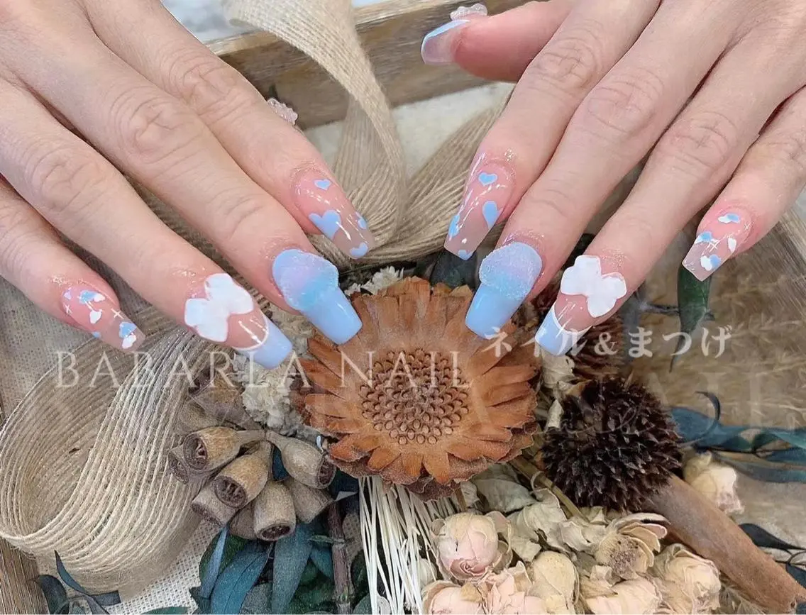 ネイル アートネイル ブルー フレンチネイル ハート リボン Babarla nailのネイルデザイン