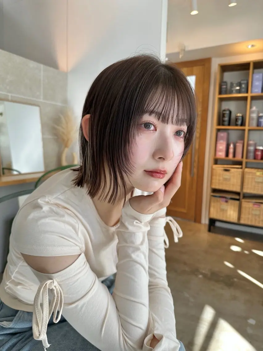 ミディアム ボブ 顔周りカット レイヤーカット 外ハネヘア SYUN/似合わせ /縮毛矯正 髪質改善のヘアスタイル
